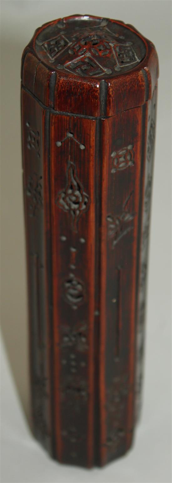 A Chinese bamboo perfume holder and cover, 19th century, 21.2cm, splits and slight losses